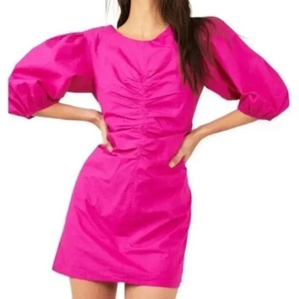 Free People Hope Fuchsia Pink Ruched Puff Sleeve Cotton Mini Dress Medium New - Picture 1 of 8